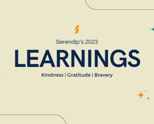 Serendip: Reflecting on growth. Our annual review highlights learnings and celebrates achievements. 4.5 years strong, with a team of 5 and valuable partnerships. Fostering a kind, grateful, and courageous work environment. Visit goserendip.com to learn more about our journey.